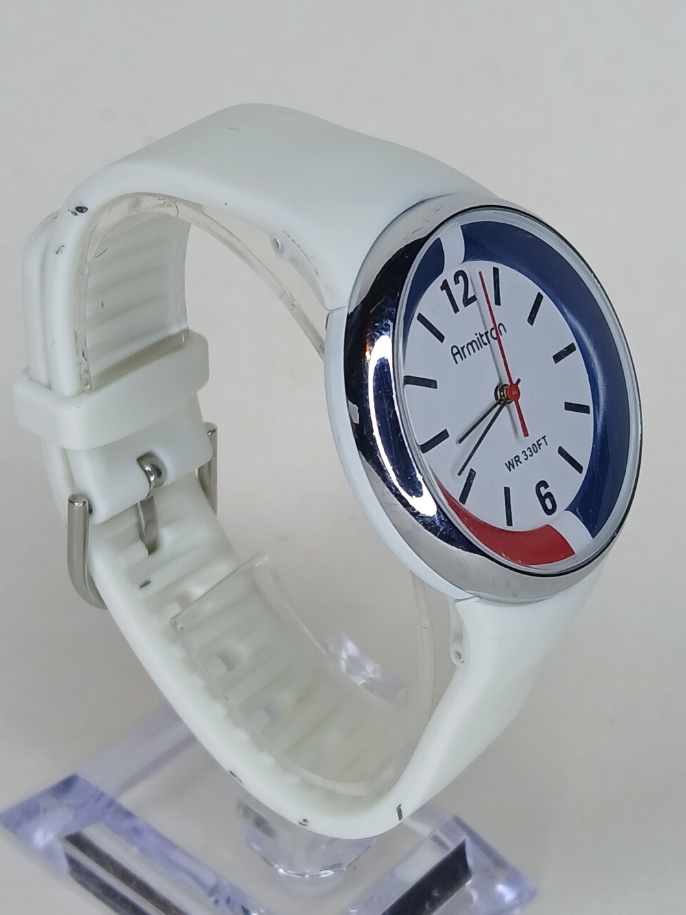 Armitron 25/6417 Quartz Watch White Silicone Band Blue Red Accent WR 330FT